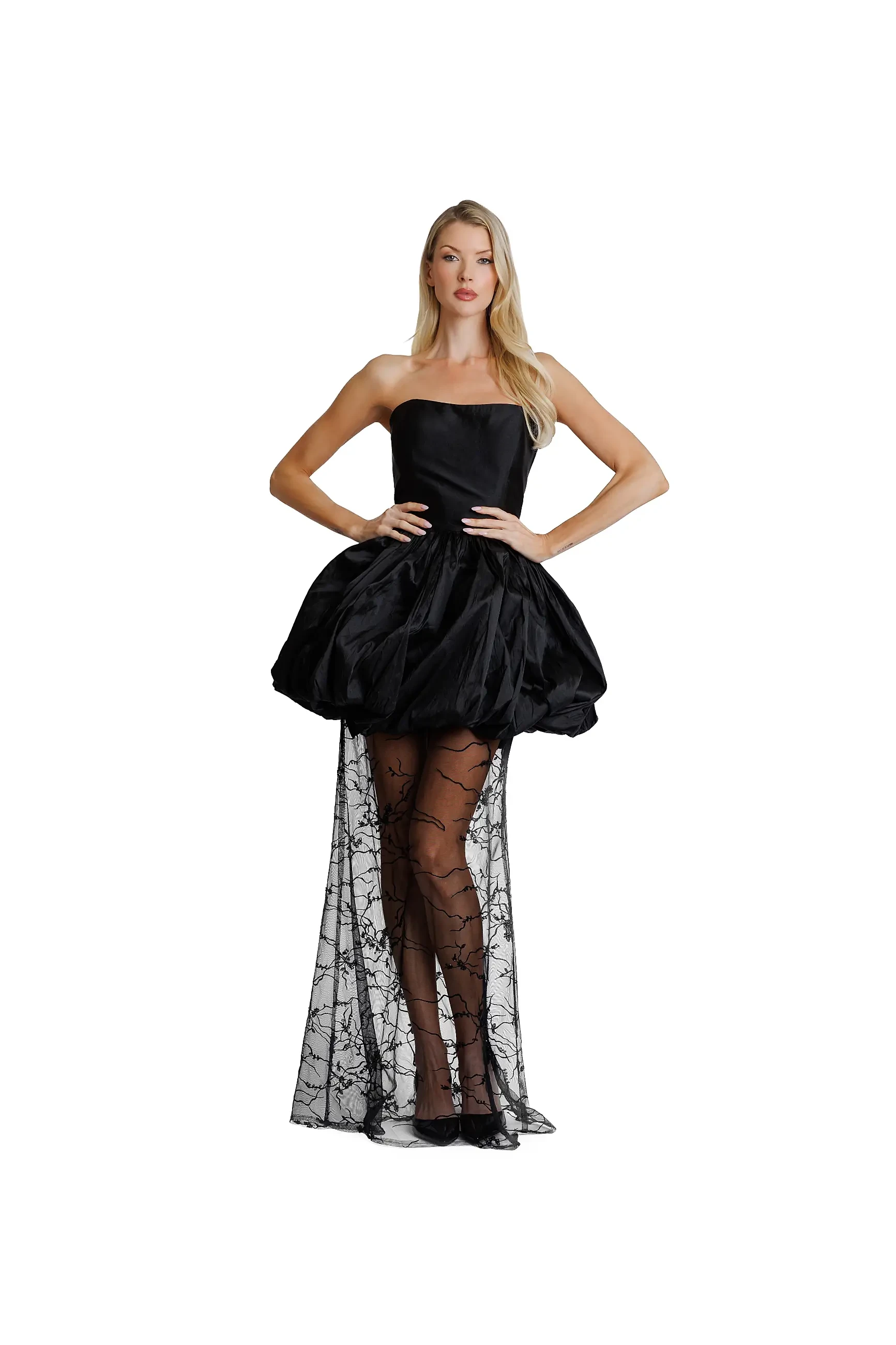 Model wearing a long evening gown