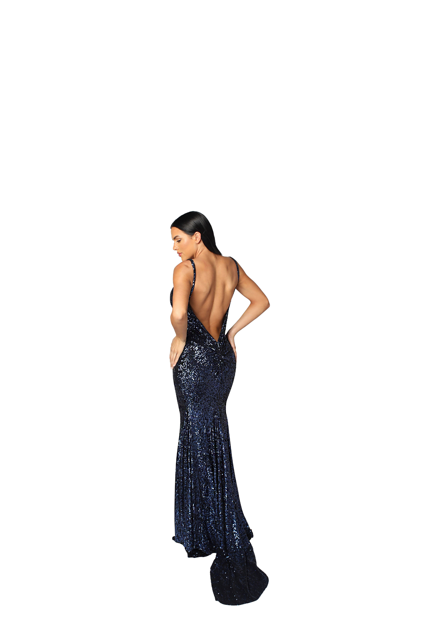 Model wearing a dark blue evening dress