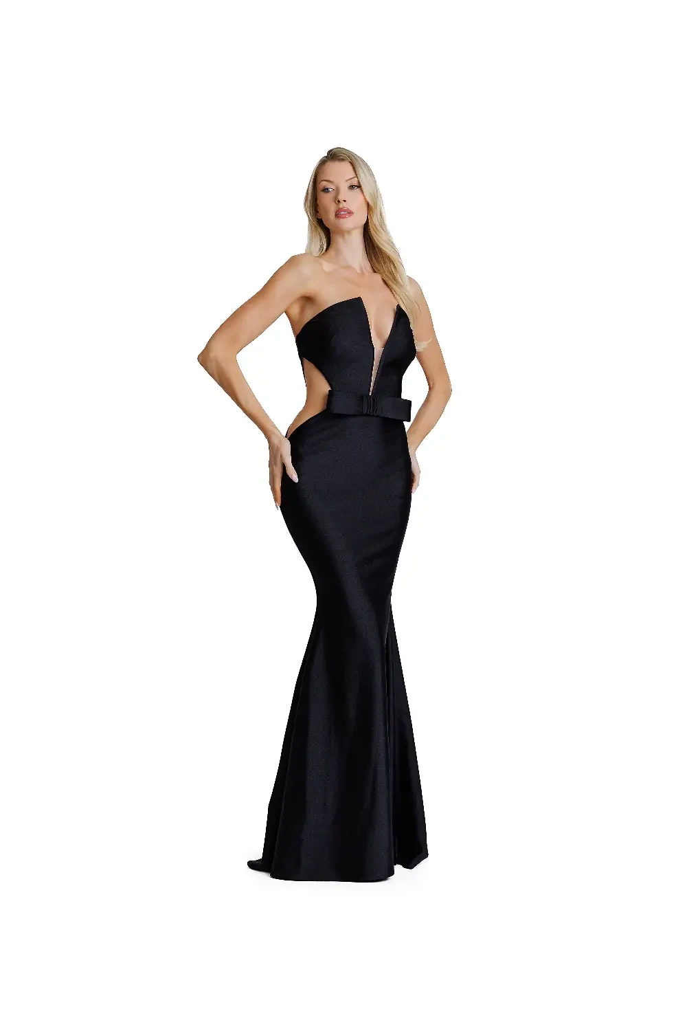 Model wearing a long evening gown