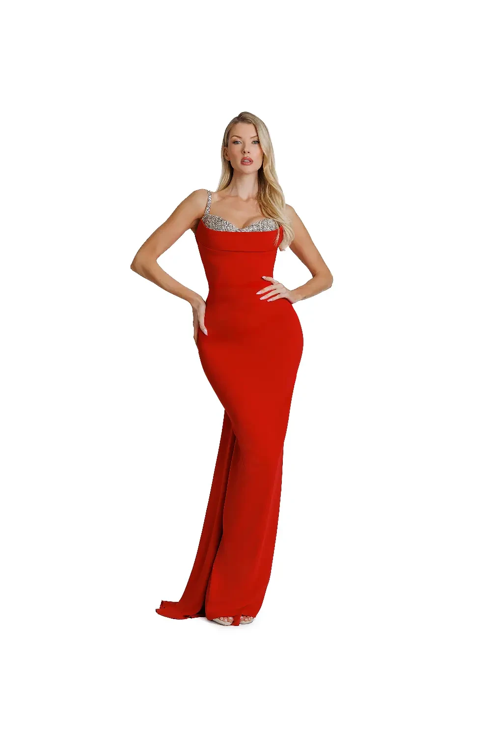 Model wearing a long evening gown