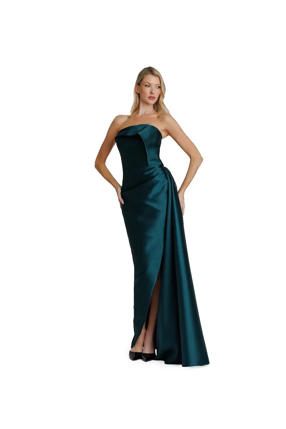 Model wearing a long evening gown