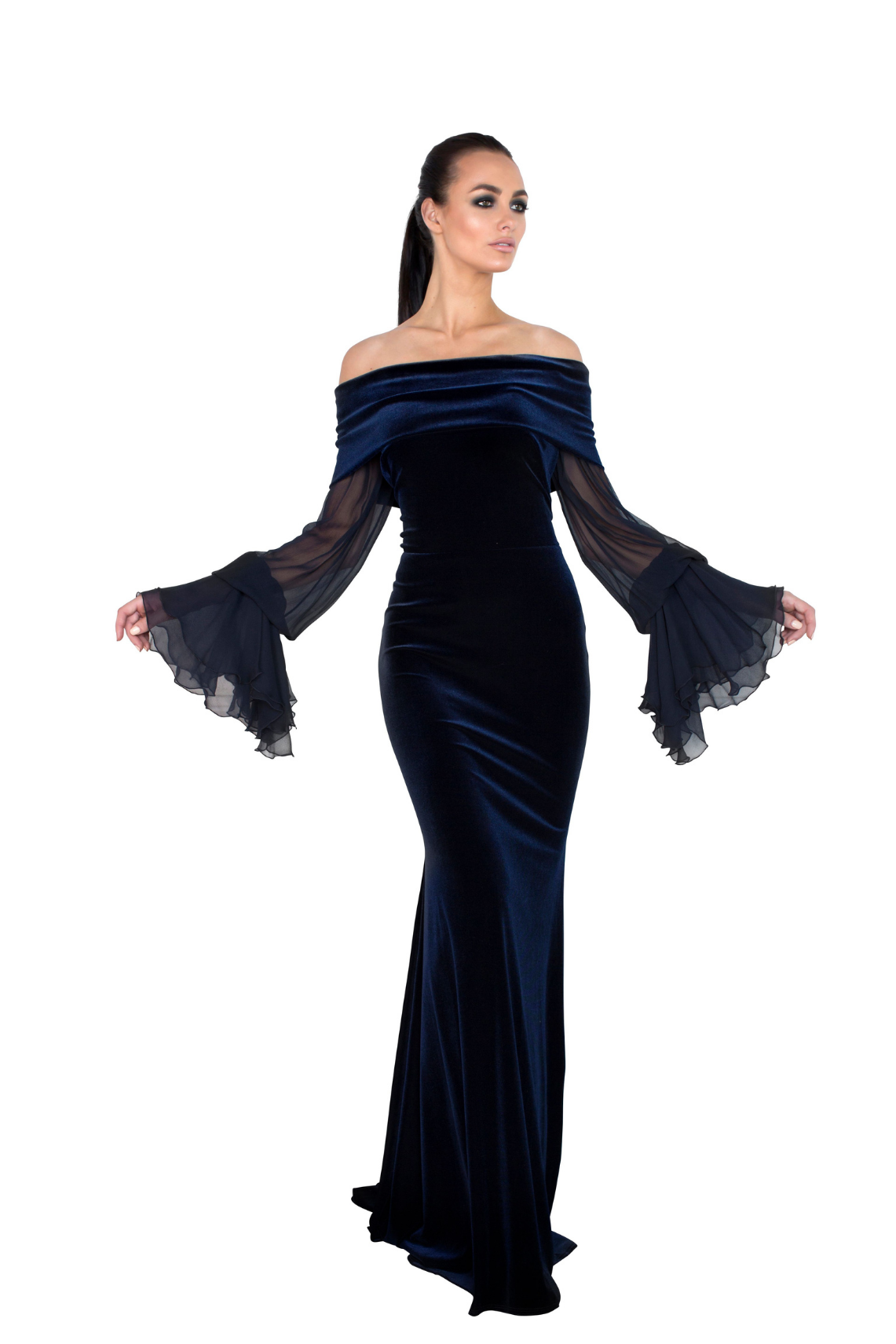 Model wearing a dark blue evening dress