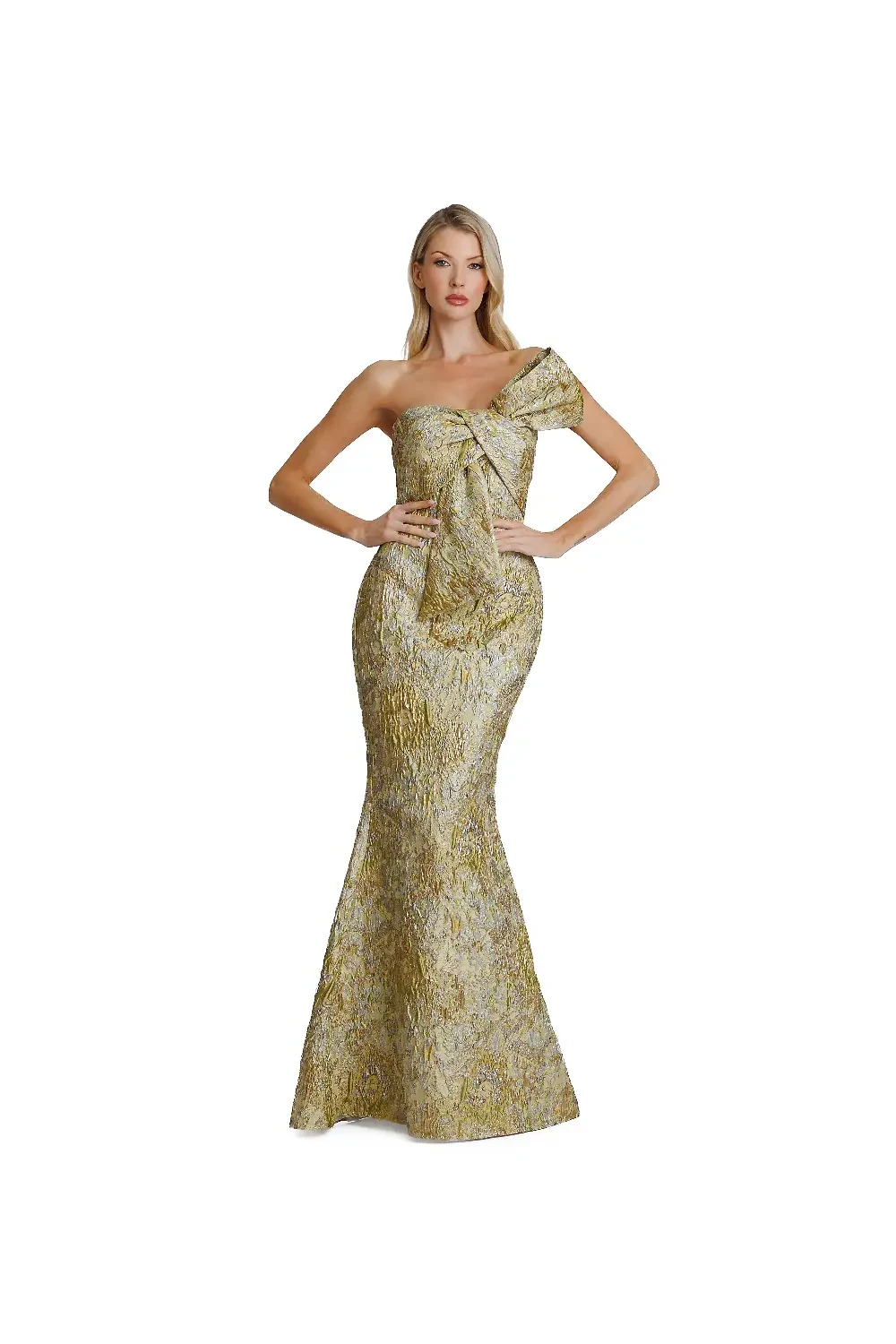 Model wearing a long evening gown