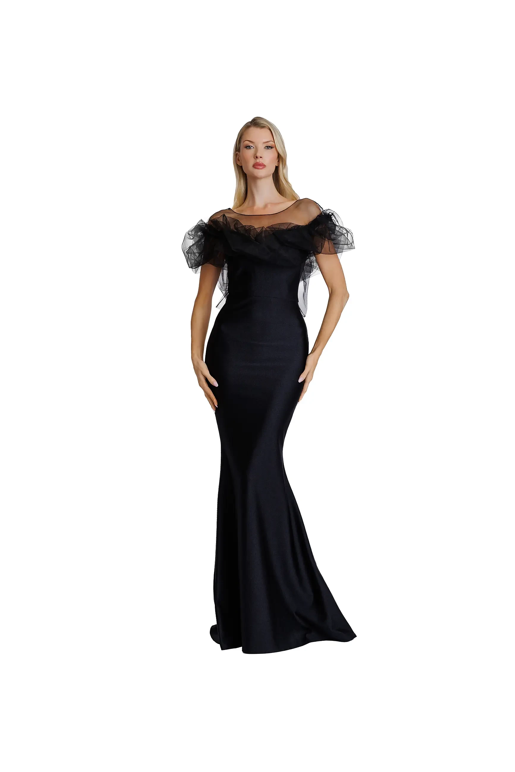 Model wearing a long evening gown