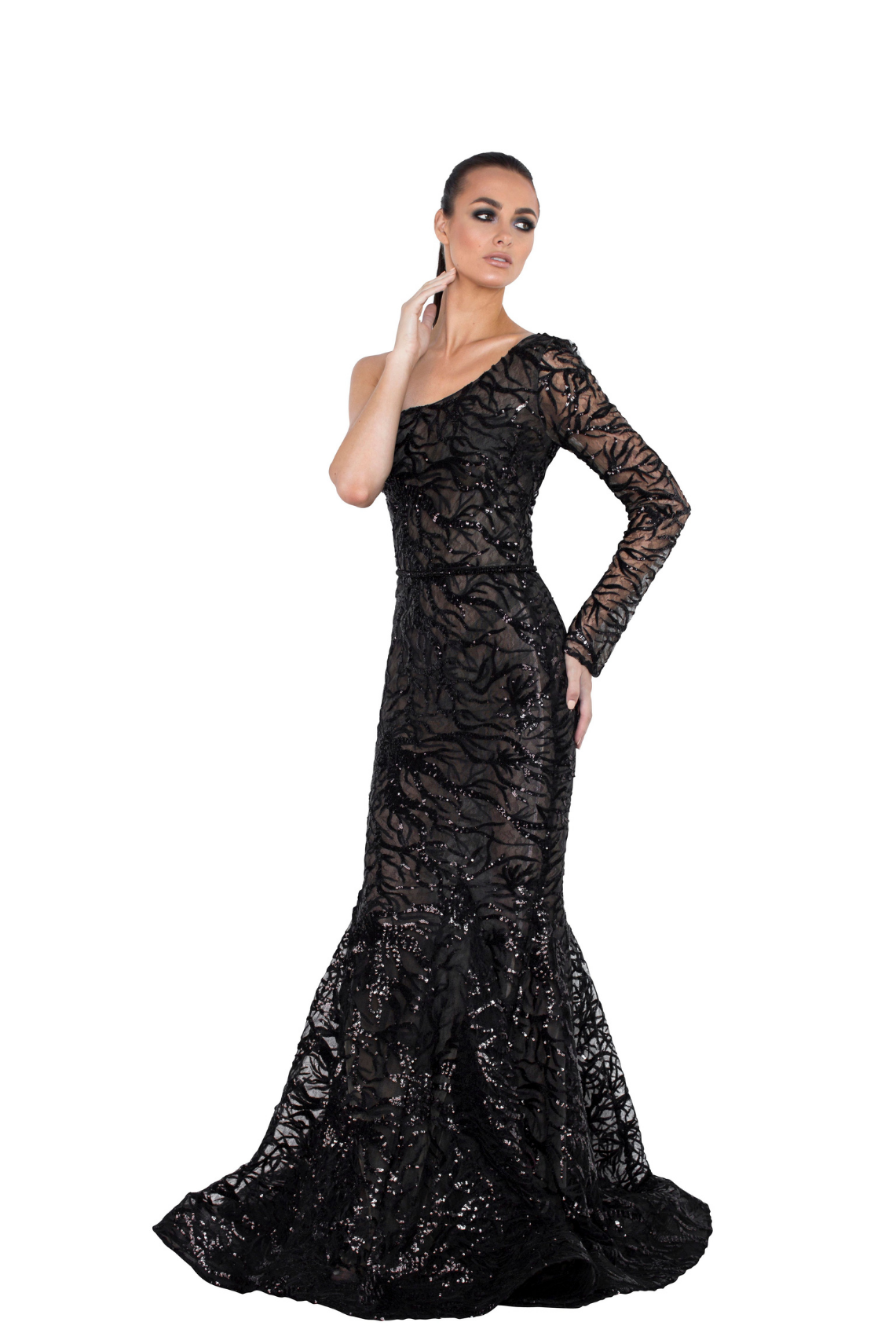 Model wearing a black evening dress