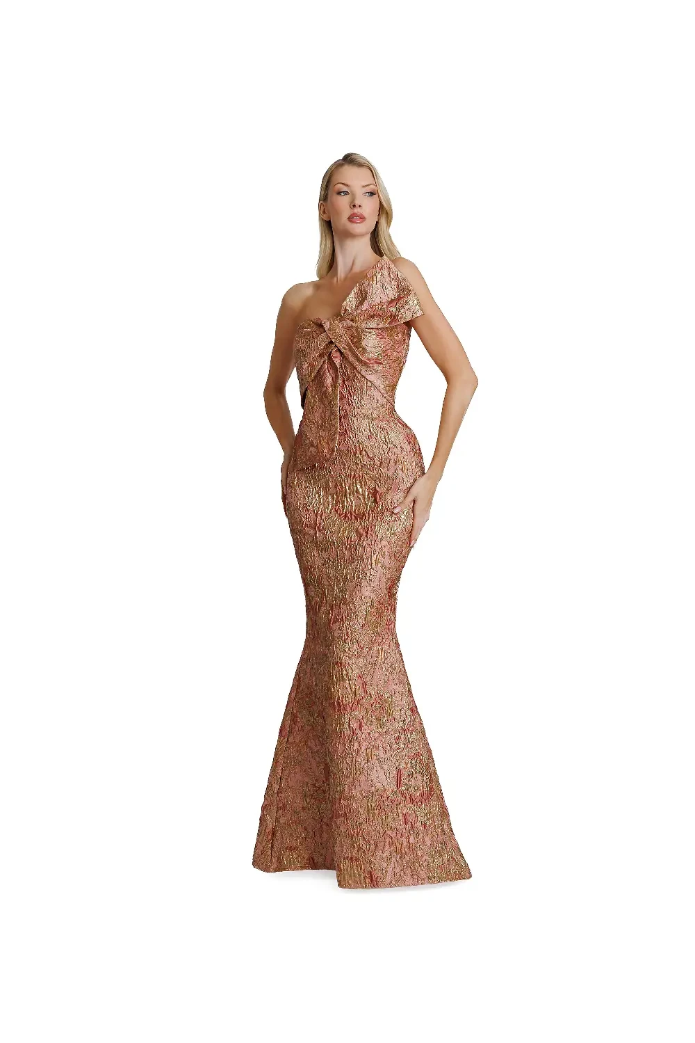 Model wearing a long evening gown