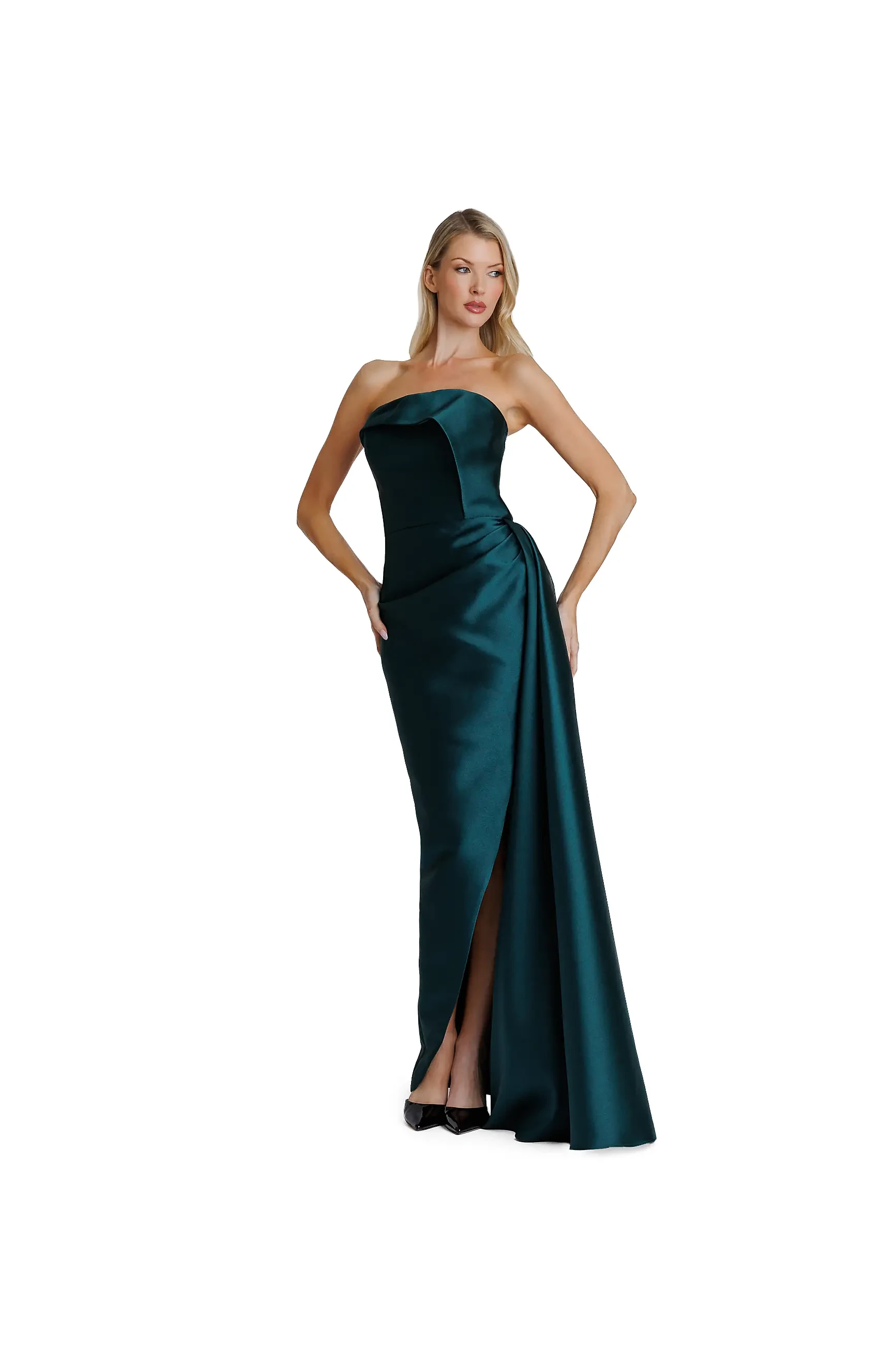 Model wearing a long evening gown