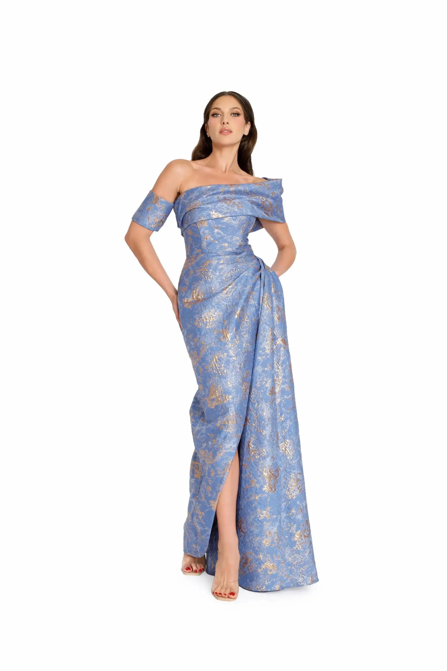 Model wearing a long dark blue evening gown