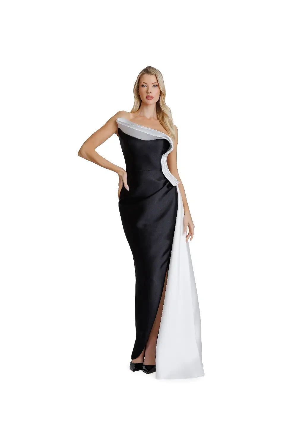 Model wearing a long evening gown