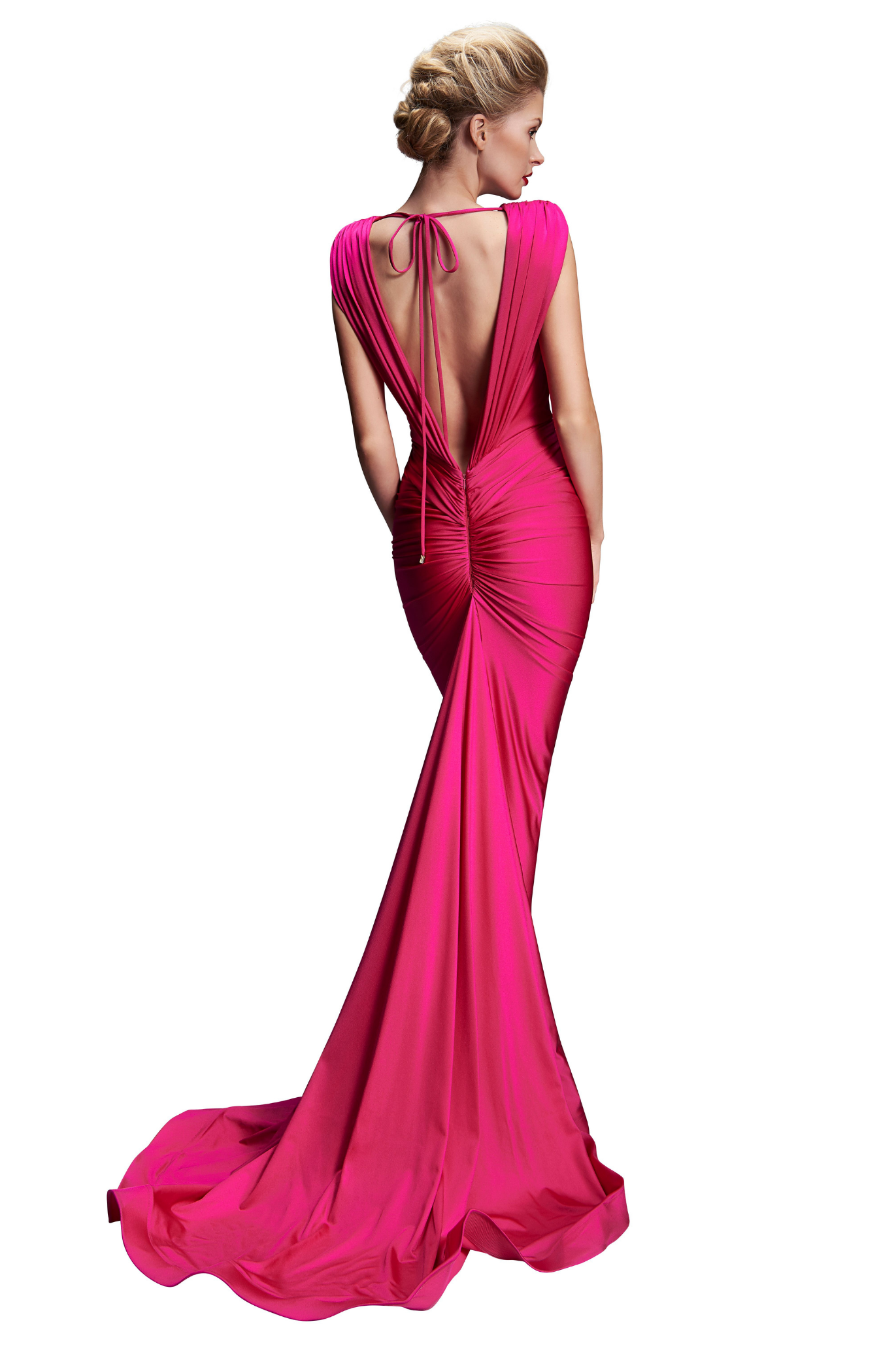 Model wearing a rose evening gown