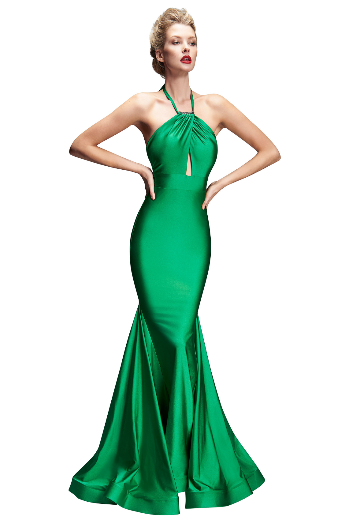 Model wearing a green evening gown