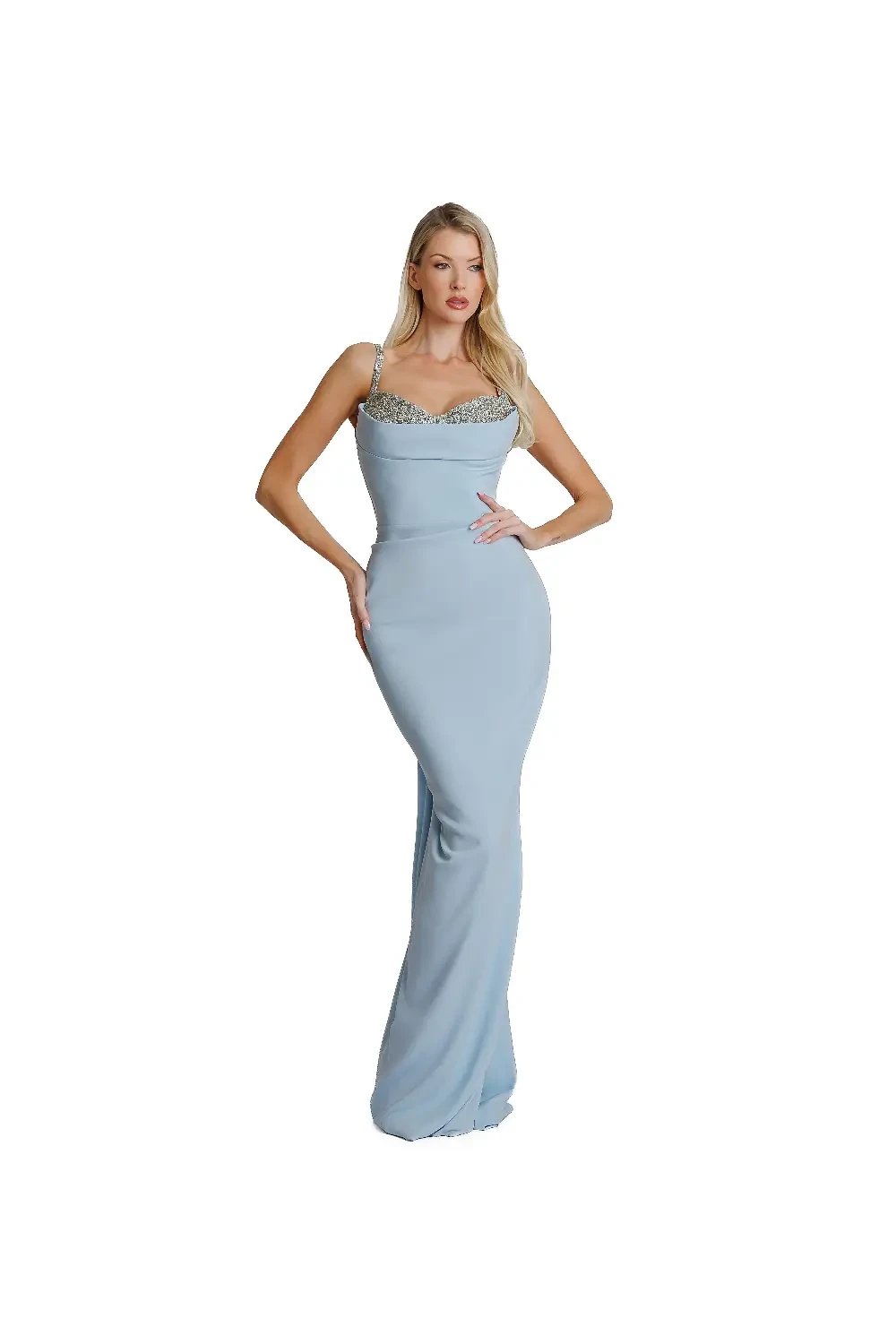 Model wearing a long evening gown