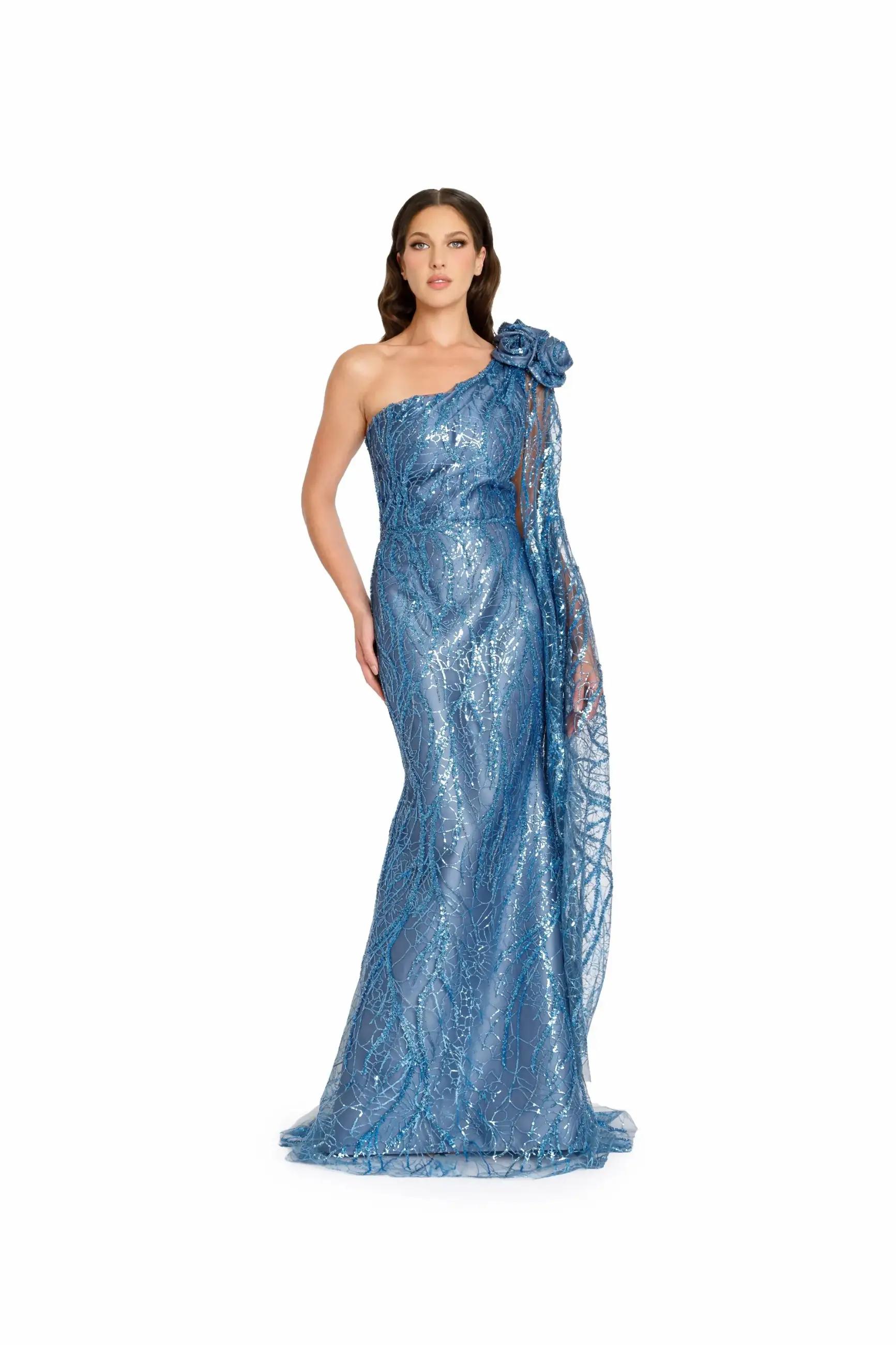 Model wearing a long blue evening gown