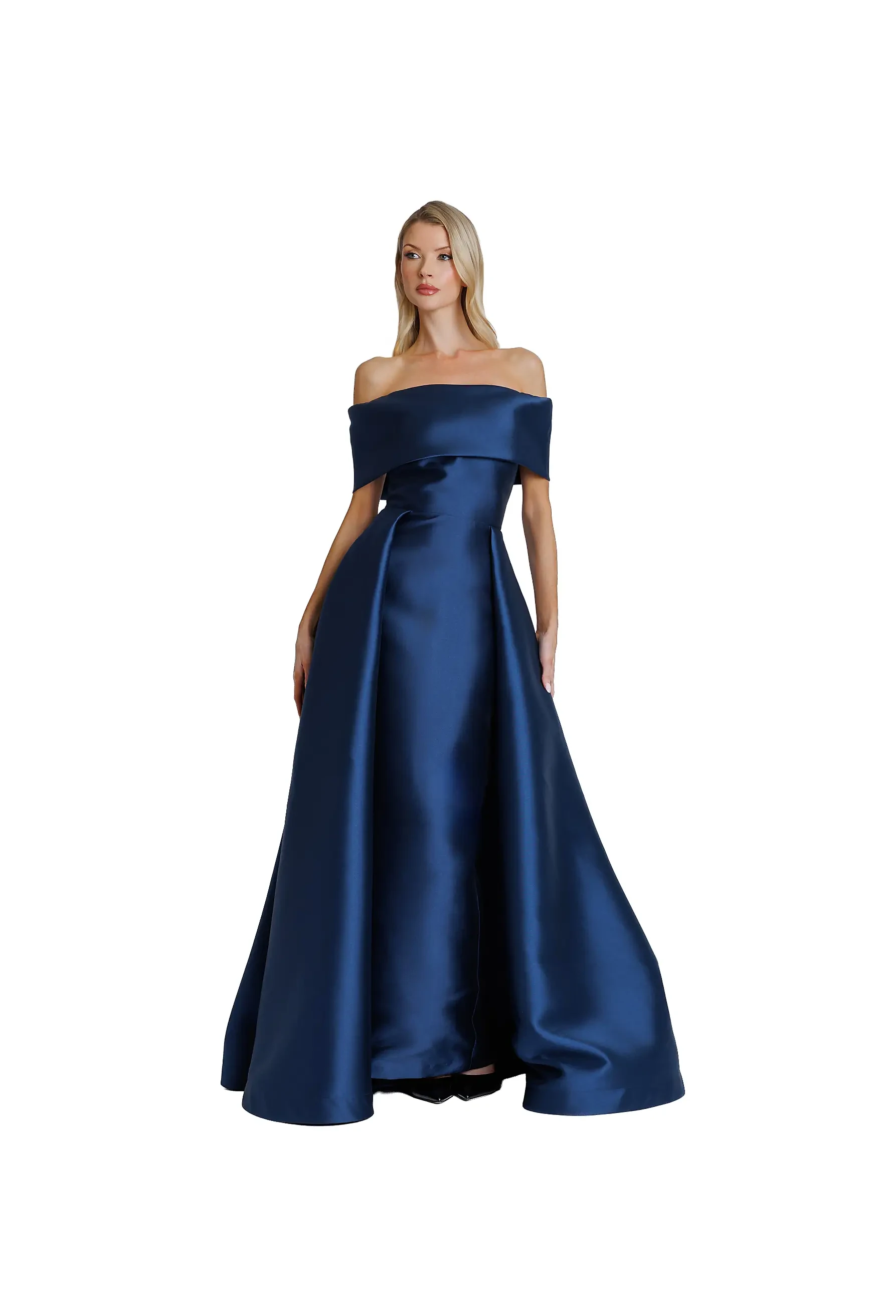Model wearing a long evening gown