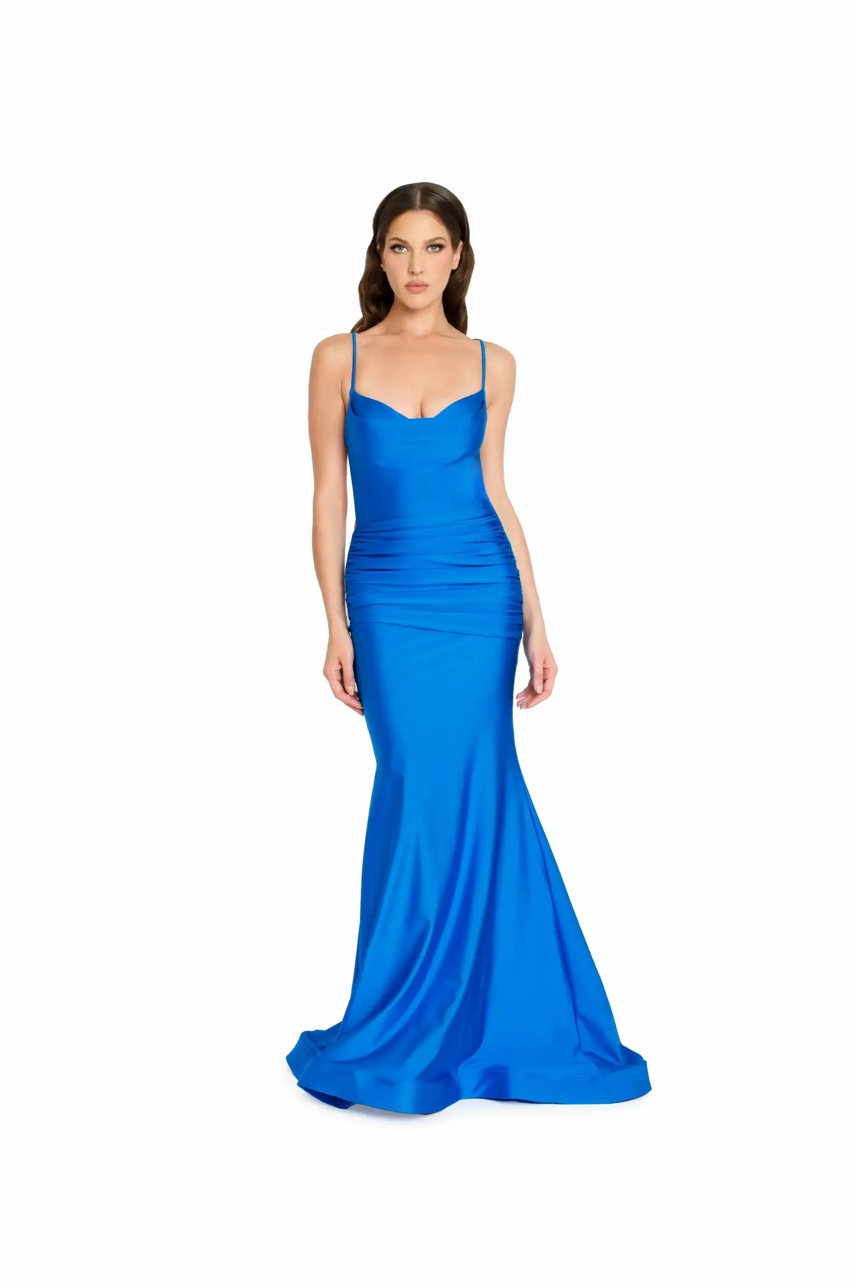 Model wearing a long blue evening gown